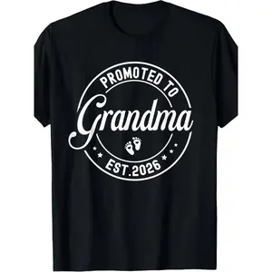 Promoted to Grandma est. 2026 Grandparents Announcement T-Shirt - Unisex Retro Shower Gift, 220gsm Heavyweight Cotton Short Sleeve Round Neck Tee with Footprint & Grandbaby Design, All-Season Comfort for New Grandparents (Men & Women) - Machine Washable,