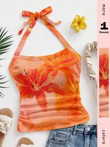 Women's Floral Halter Neck Cami Top, Butterfly Knot Backless Sleeveless Beach Top, Casual Summer, Chic, Stylish and Comfortable