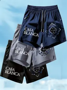 3-Pack Casablanca Print Quick-Dry Sport Shorts, Men's Elastic Waist Fitness Shorts with Zip Pockets, Casual Athletic Wear, Casual Sporty Shorts for All Seasons