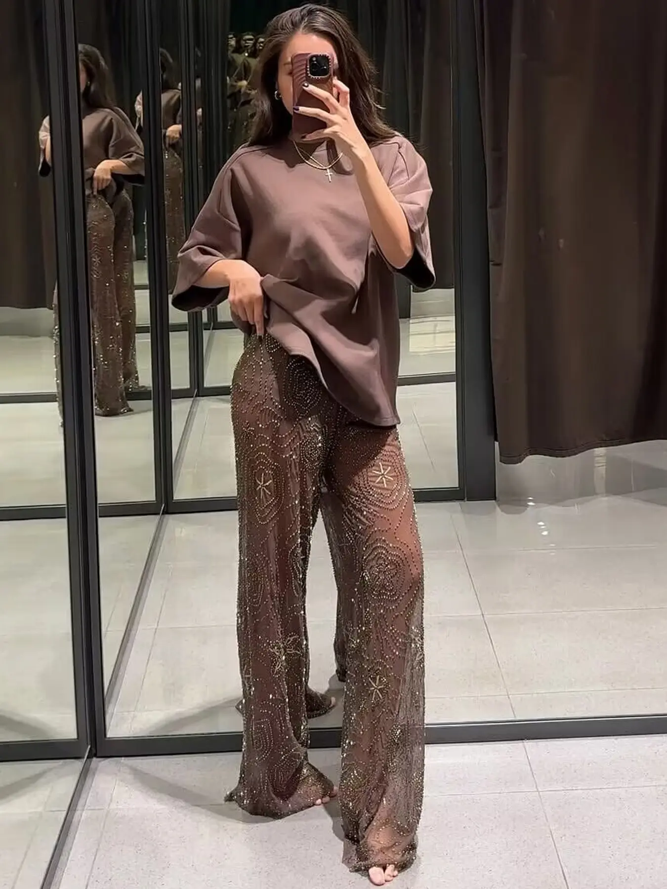Brown Beaded Pants Women's Pants Autumn Spring Elegant Sequin Semi-Sheer Mid-Waist Trousers Fashion Casual Sparkly High Street Pants Bottom Elastic Waist Pants