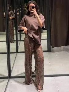 Brown Beaded Pants Women's Pants Autumn Spring Elegant Sequin Semi-Sheer Mid-Waist Trousers Fashion Casual Sparkly High Street Pants Bottom Elastic Waist Pants