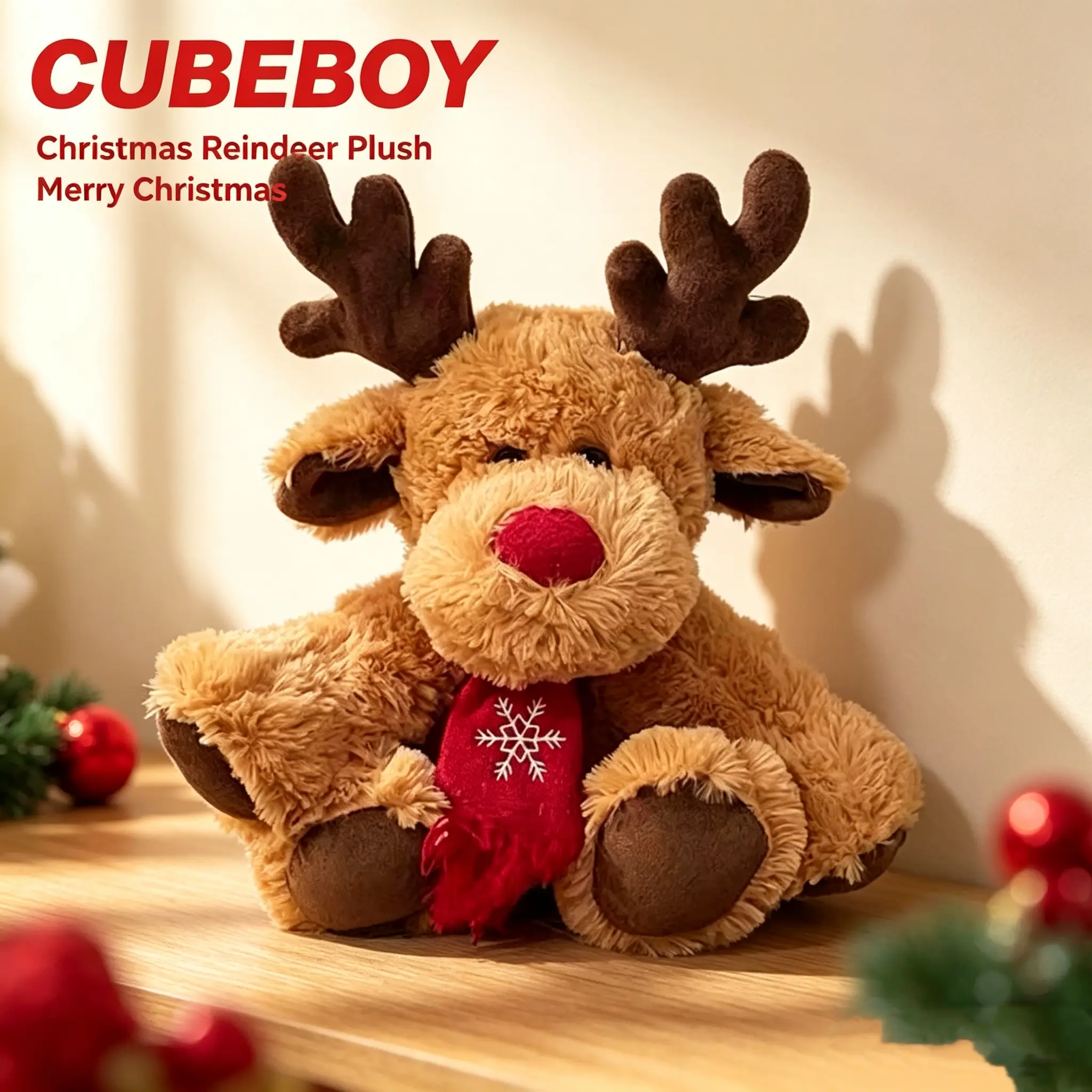 Anti-Shedding Classic Xmas Stuffed Reindeer Toy - Caramel Plush Soft Doll with Reindeer Face, Kids’ Holiday Gift