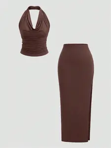 Chic Solid Color Halter Neck Long Dress Two-Piece Set, Elegant Waist-Defining Design with High Slit, Perfect for Special Occasions
