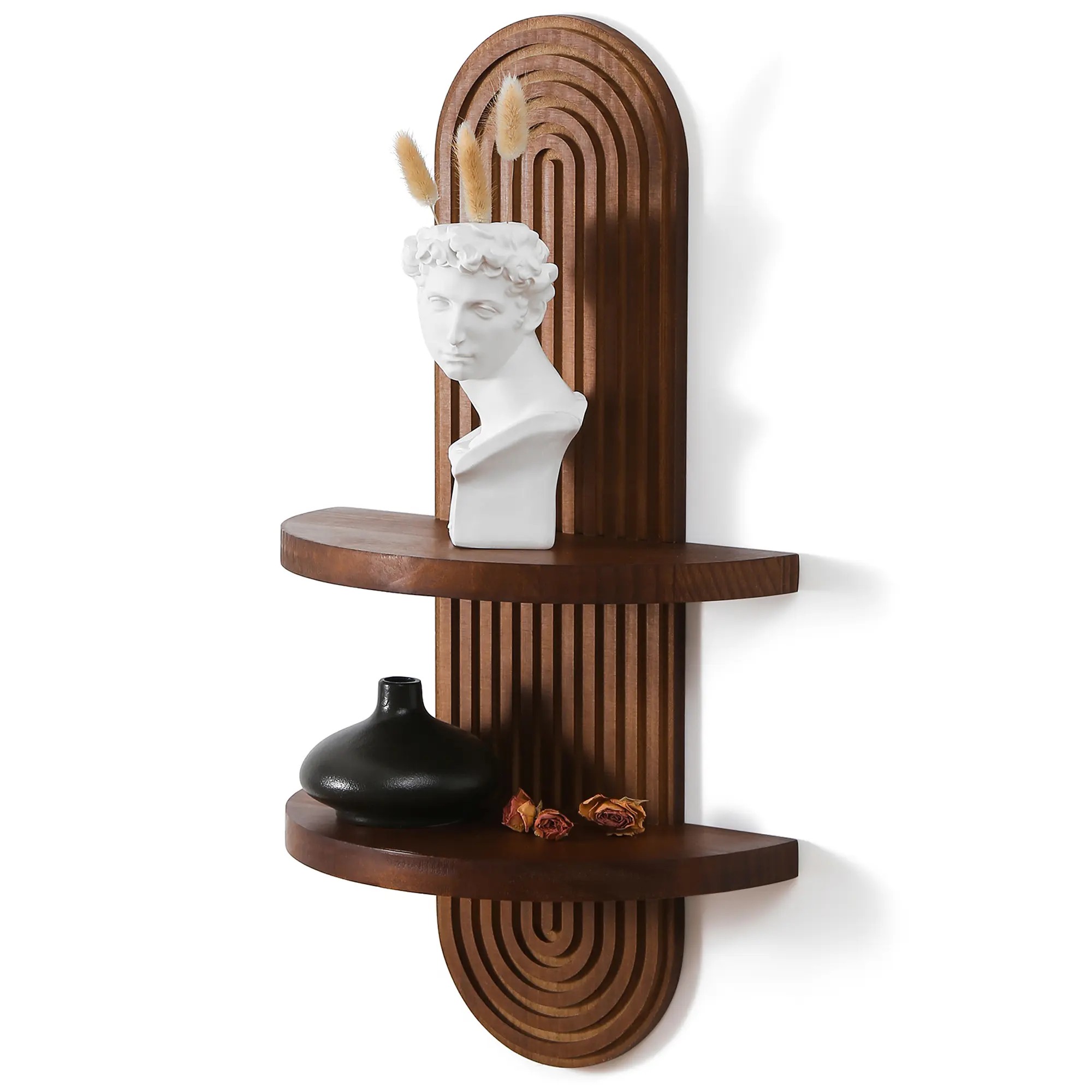 Modern Wall Shelf Mid-Century Double Floating Rainbow Shelves Arched Wood Design 22 x 11.6 Inch Walnut