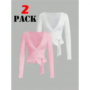 Winter Yoga Fitness, Elastic Soft V-Neck Long Sleeve Slim Fit T-Shirt Set, Open Front Tie Waist Wrap Top Two-Piece, Yoga Clothes Set