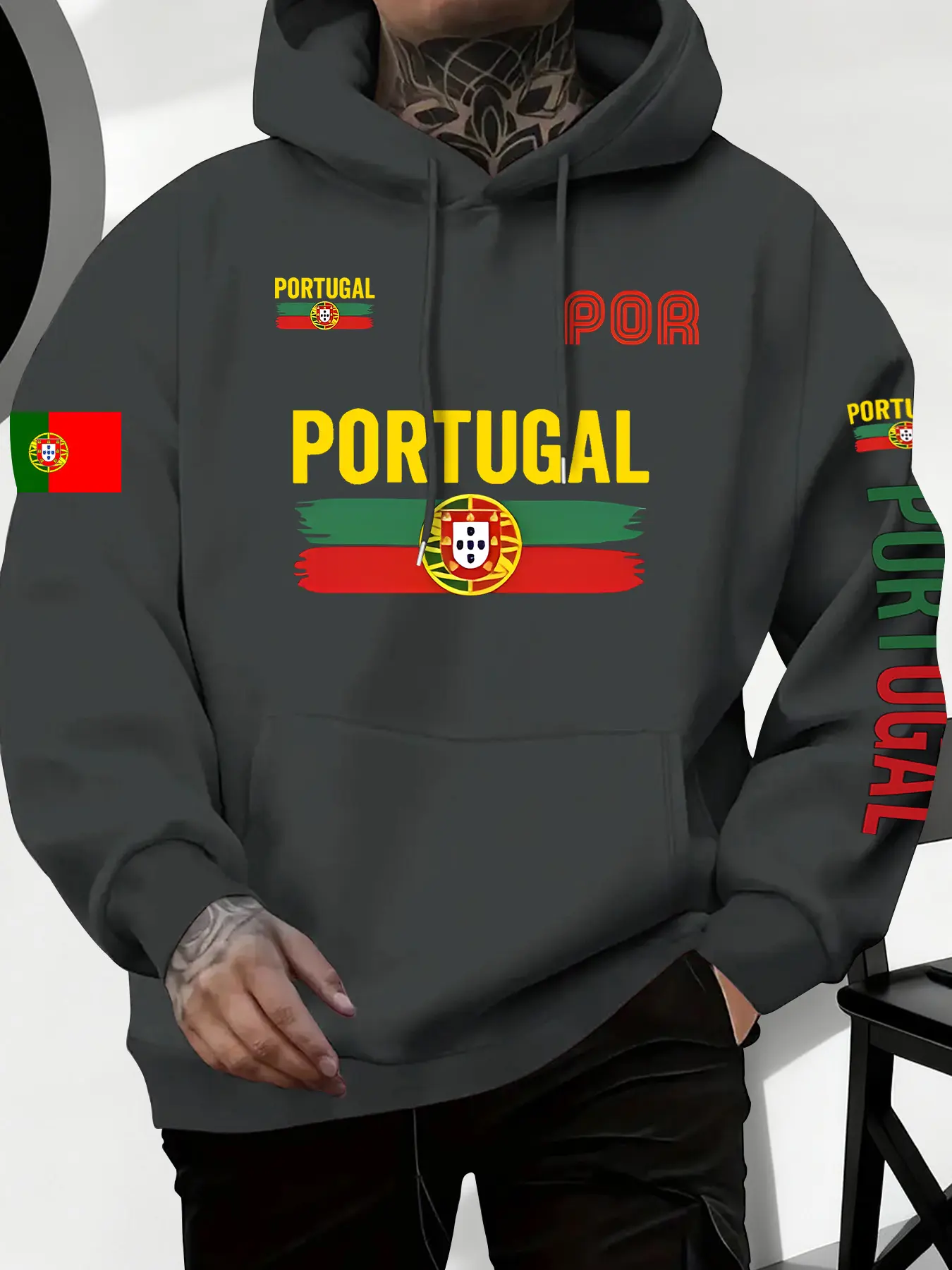 Men's Portugal Flag Geometric Print Fitted Street Fashion Graphic Hoodie, Hoodie Sweatshirt, Drawstring & Kangaroo Pocket, Comfortable Casual Fashion Pullover, Trendy Sports Top