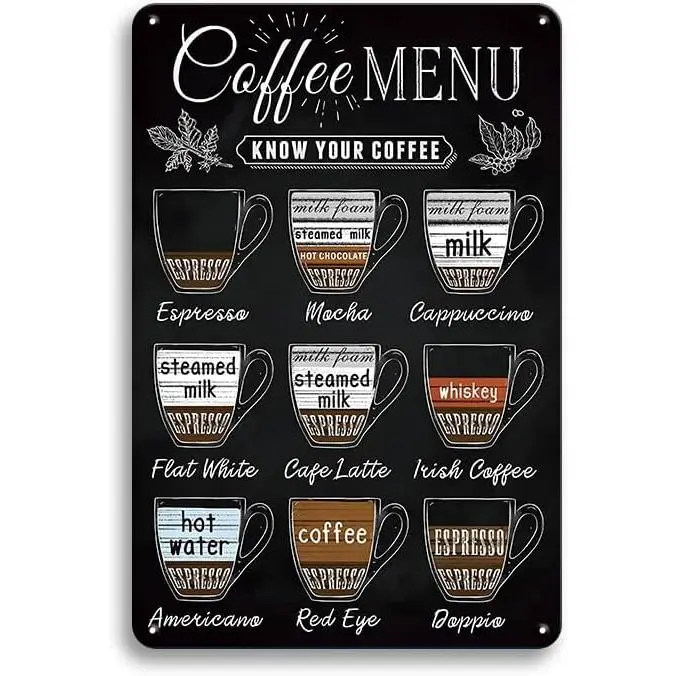 Vintage Iron Coffee Menu Metal Tin Sign - 12x8 in Hanging Home Decor Product, Cafe Kitchen Wall Decoration Plaque for Coffee Lovers (Latte, Espresso)