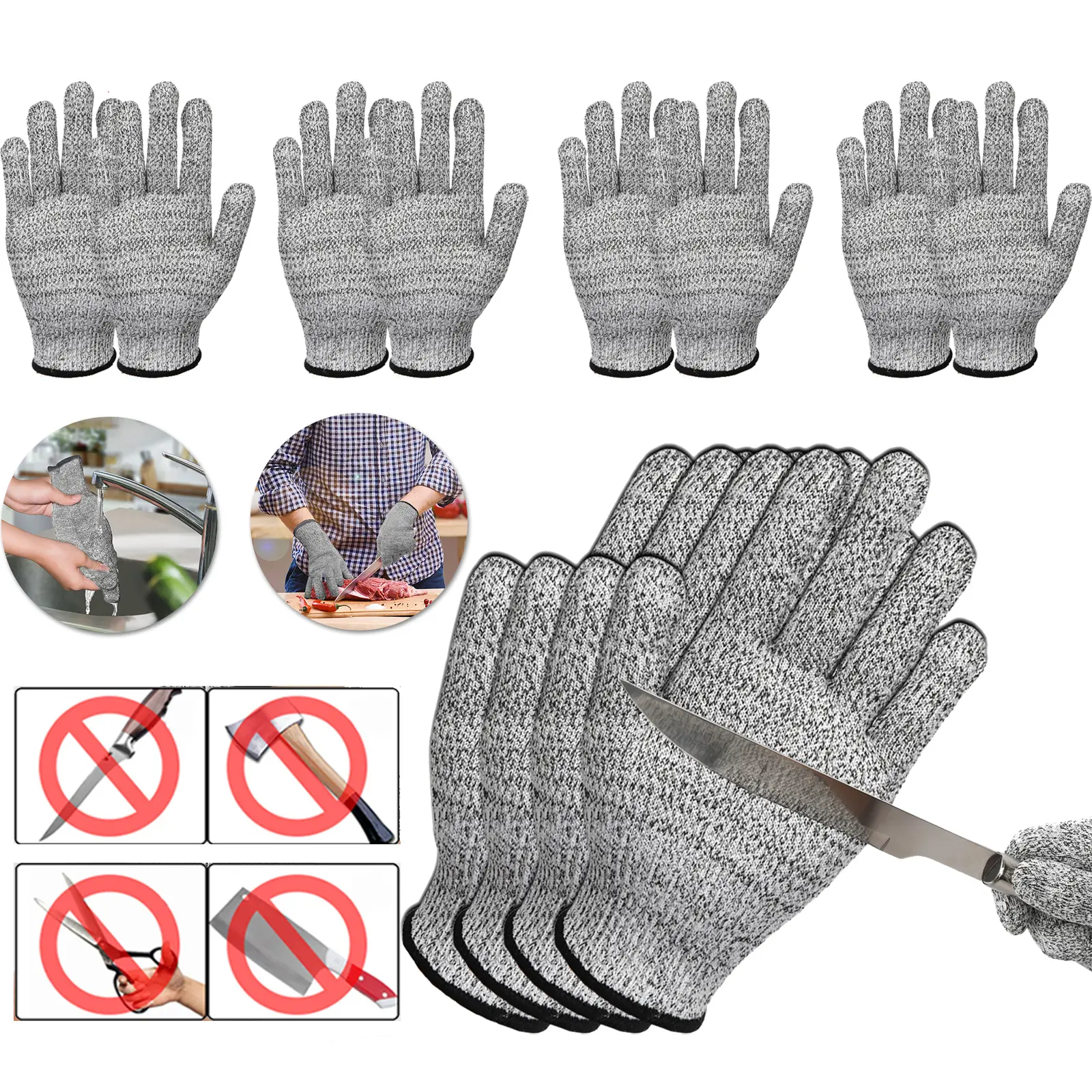 4Pairs Cut Resistant Gloves, Safety Work Gloves Level 5 Protection for Meat Cutting Oyster Shucking Carving Wood Gardening