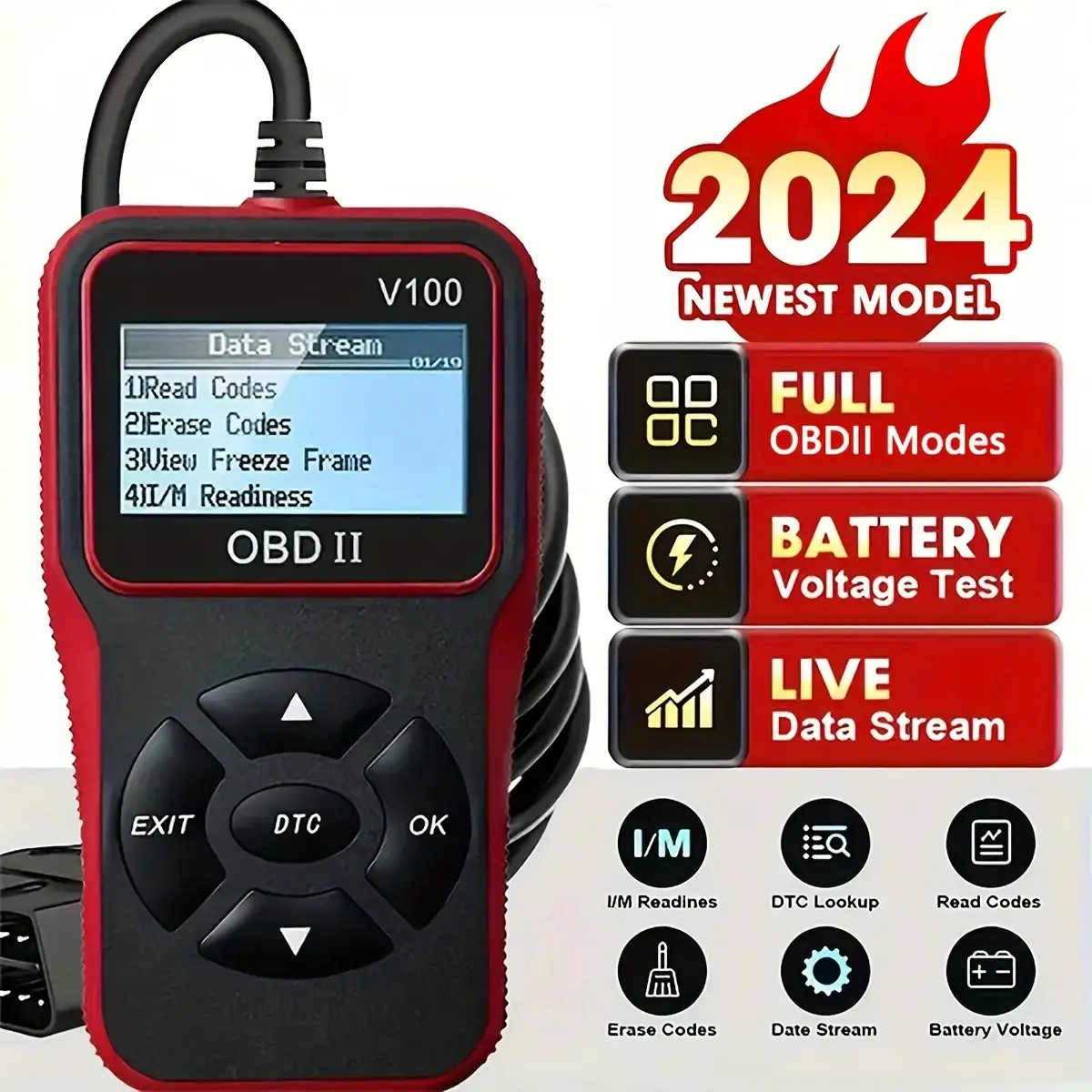 Car OBD2 Scanner Diagnostic Scanner Code Reader Engine Fault Code Read Code Erase Code Battery Test Engine Light Can Diagnose Scan Tool For All OBD II Protocol Cars Since 1996