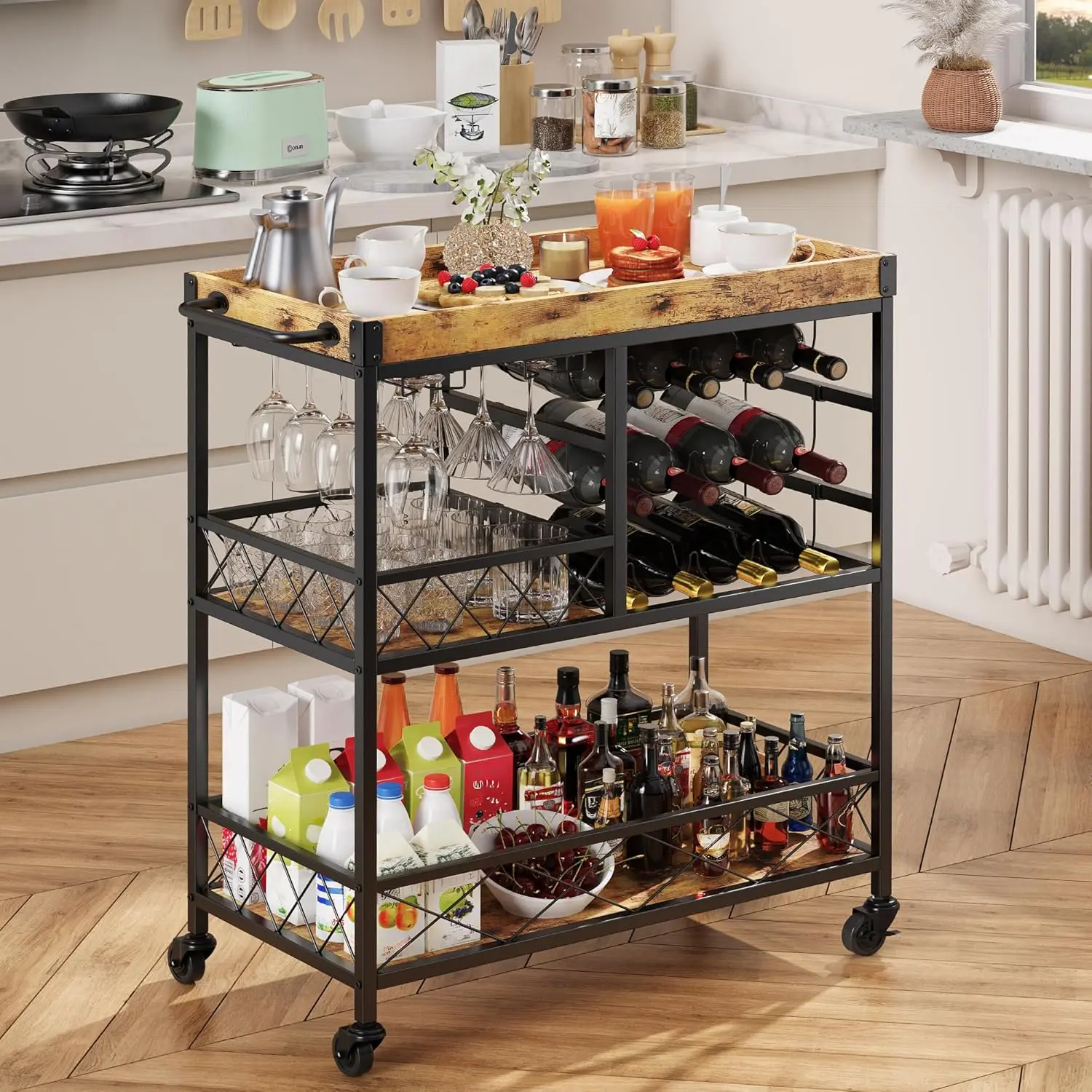 Gizoon Rolling Bar Cart, a Versatile Beverage Cart with a Removable Tray, 12-Bottle Wine Rack, and Glass Holder, The Bar Cart is Perfect for Kitchen, Dining Room, or Outdoor Use (Gray)