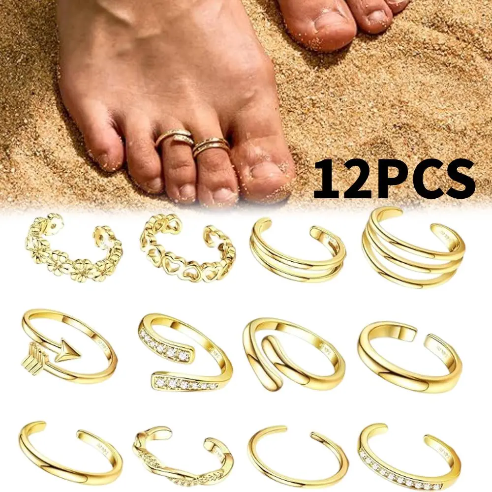 12PCS Gold Toe Rings for Women, Non Tarnish Adjustable Open Set, Sterling Silver Toe Rings, Flower Arrow Tail Band, Dainty Summer Beach Foot Jewelry