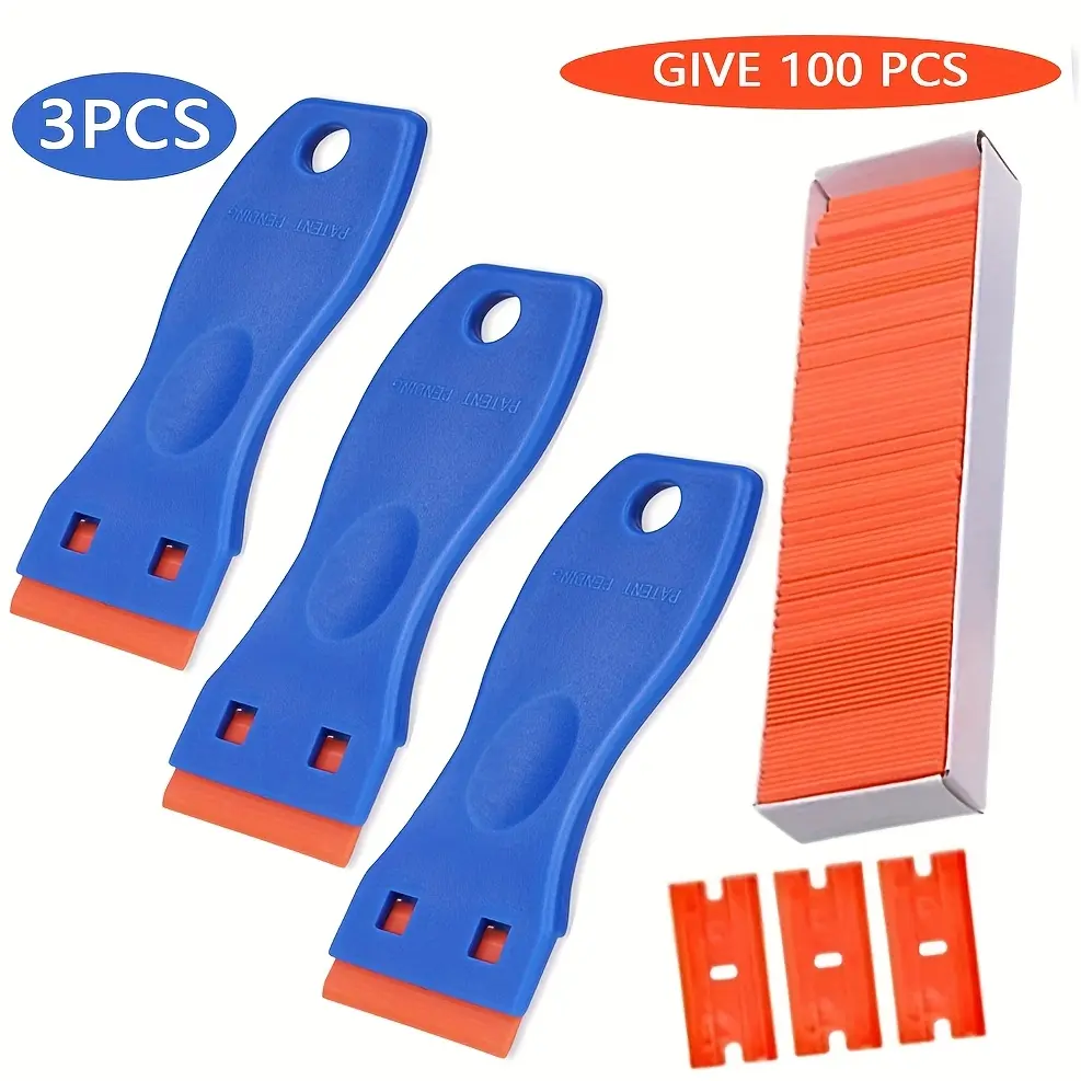 3pcs Plastic Razor Blade Scraper Tool Kit with 100 Blades - No-Scratch Adhesive Remover for Car Owners, Auto Detailing, Glass, Paint - Reliable Solution for Versatile Use