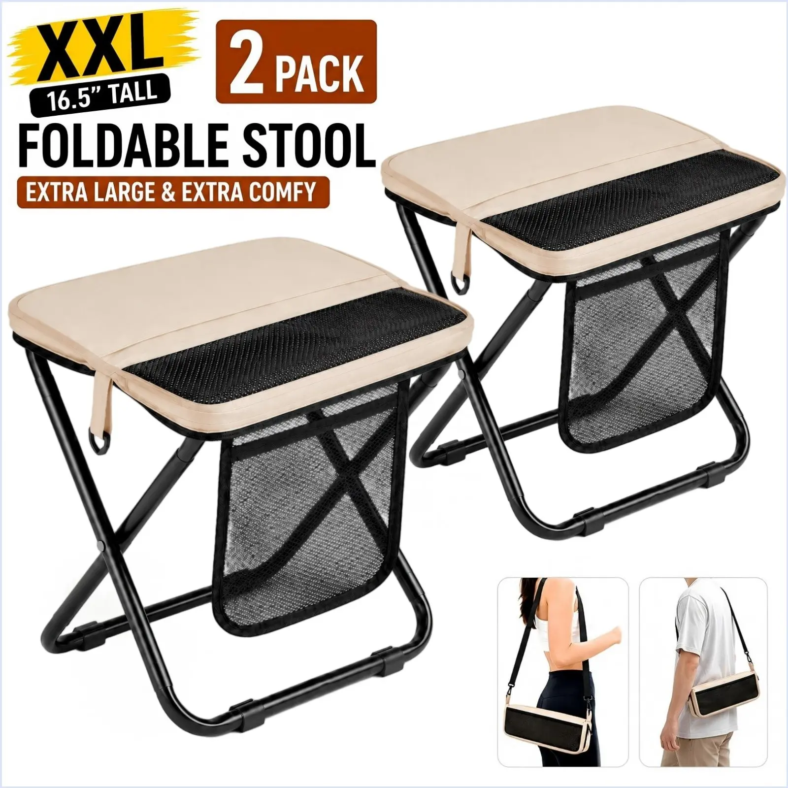 Wstrnix 16"/14" Extra Tall Collapsible Stool for Adults - Sturdy Heavy Duty 2-in-1 Portable Seat with Shoulder Strap, Lightweight for Camping, Campfire Events, Unisex, Framed, Oxford Fabric, Durable, Easy-Carry Stools, Hiking/Fishing, Outdoor Activities,,