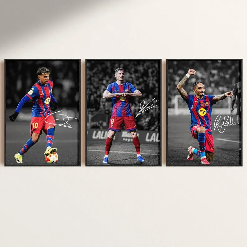 Signed Posters Set of 3: Lamine Yamal, Robert Lewandowski, Raphinha, Signed Football Posters, Barca Fan Gift ( Unframed-Print Only )