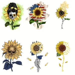 6pcs Sunflower Iron-On Heat Transfer Sticker Design Hot Press Applique Heat Transfer, Suitable for DIY Clothing, T-Shirts, Masks, Jeans, Backpacks Heat Transfer Film