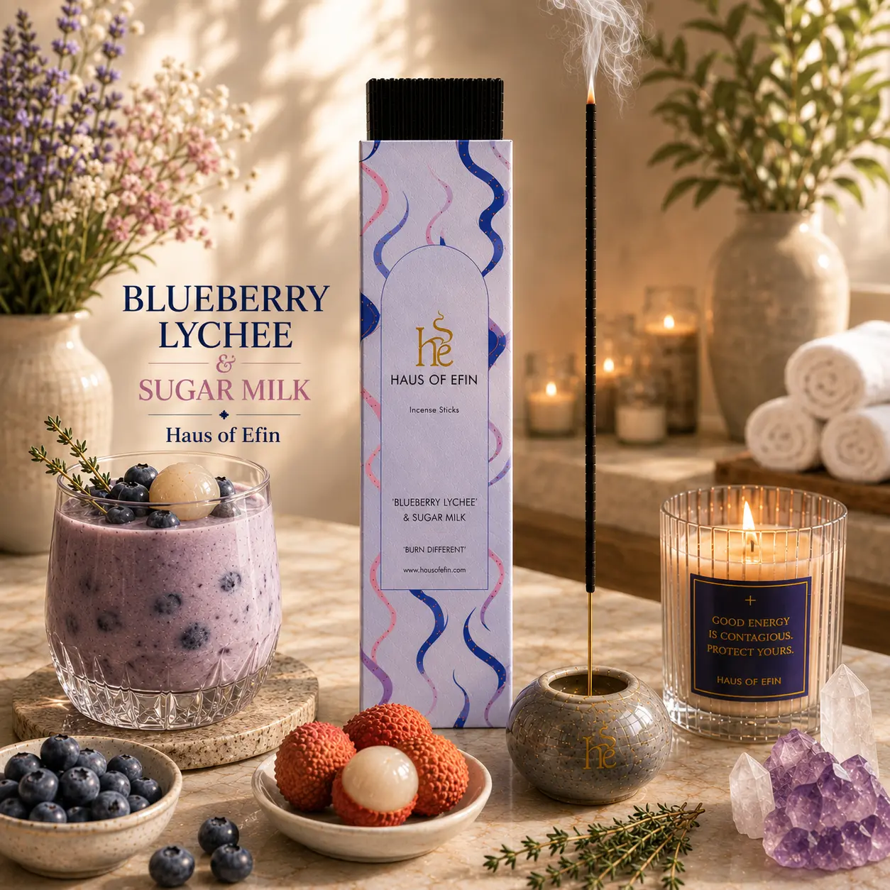 Fruity Blend Burst Incense Sticks - Blueberry, Lychee, Sugar Milk Scents, Bean Pouch Included, Home Fragrance Freshener for Relaxation & Home Care Supplies