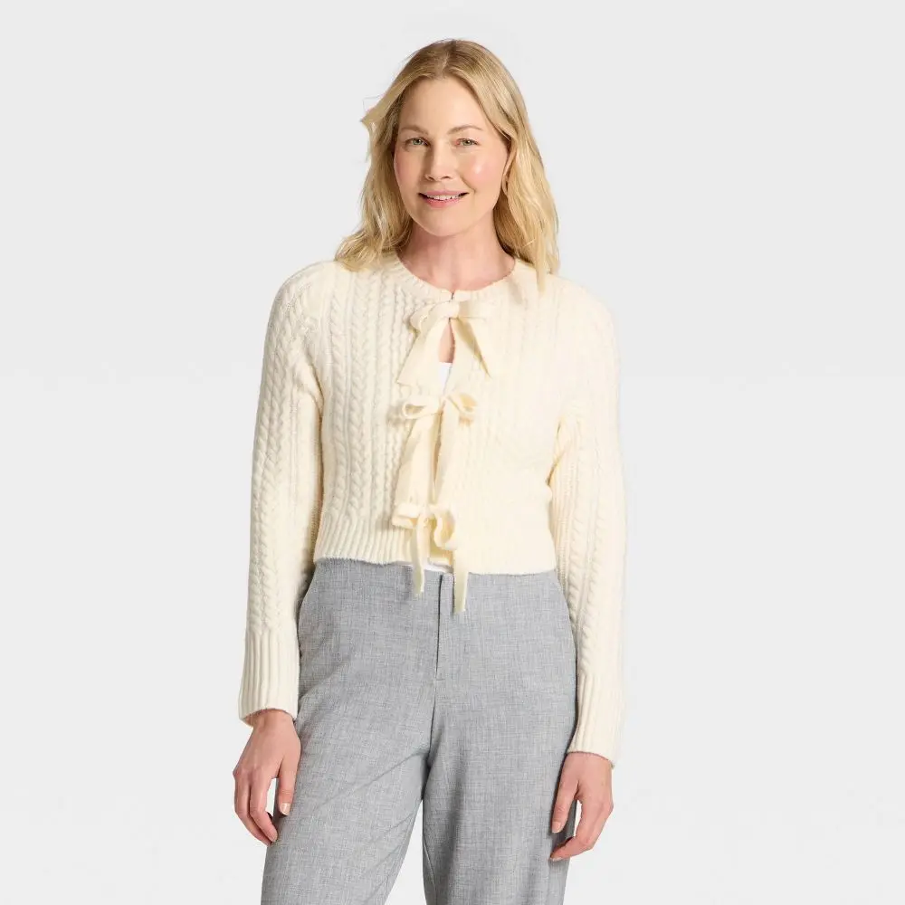 Women's Long Sleeve Bow Cardigan Sweater - A