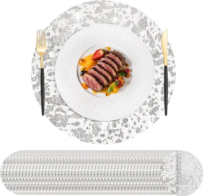 50Pcs Silver Disposable Tableware Set - 13-Inch Round Polyester Foil Metallic Look Glam Mats, Ultra-Thin Placemats for Home Decoration, Wedding, Silver -50Pcs, Party
