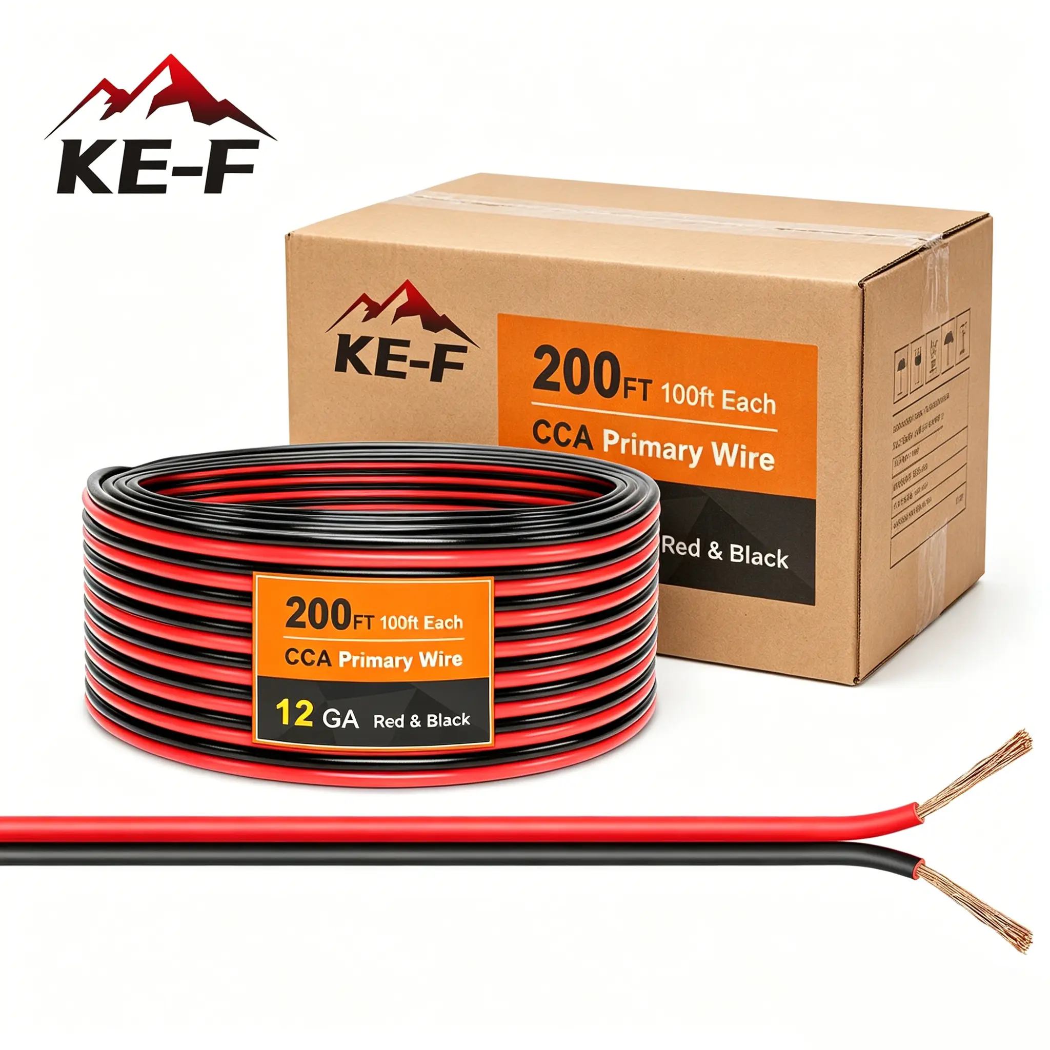 KE-F 100FT 12 Gauge (12 AWG) Ultra Flexible 2-Conductor Power Conductor Red & Black Copper Clad Aluminum Electrical Wire, Low Voltage for Automotive, Speaker, Landscape LED Strip Use