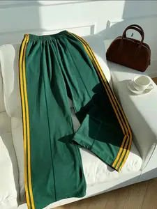 A pair of yellow striped drawstring wide-leg trousers Pants on the side of women's clothing, light and mature casual and energetic underwear, suitable for daily commuting, leisure street trips, light social gatherings, spring and summer vacations Bottom