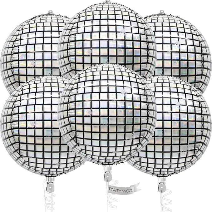 PartyWoo 22-Inch Round Silver 4D Jumbo Mylar Balloons Set - 6-Piece Inflatable Aluminium Balloons with Vivid Colors, Mirror-Like Shine Turns Rooms Disco for Happy Birthday, Wedding Decorations