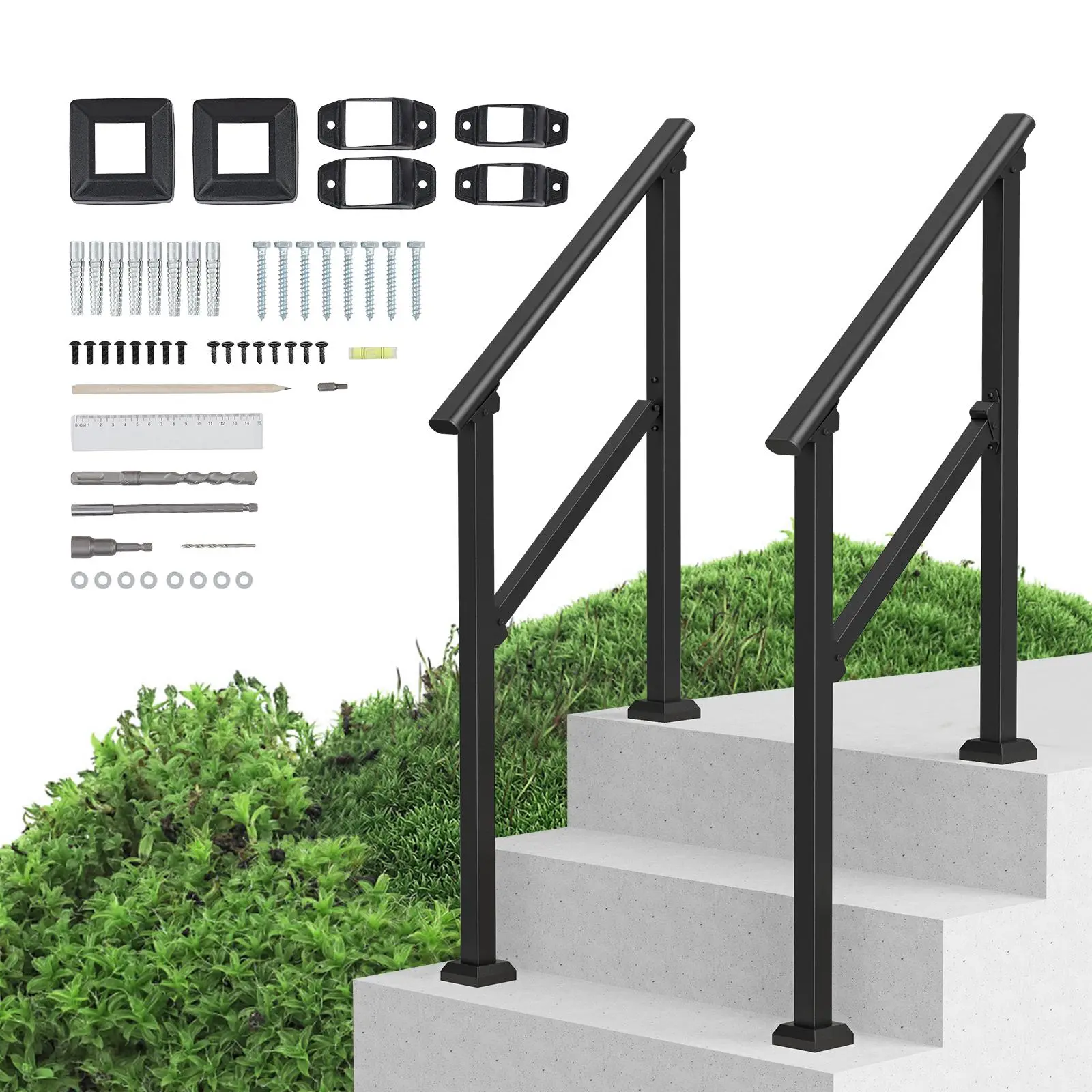 【summerfinds】VEVOR Handrails for Outdoor Steps, 2 PCS 2-3 Step Stair Hand Rail Kit, Transitional Carbon Steel Railings with Installation Kit, Stair Rails for Seniors, Concrete & Porch & Deck, Black Square Tube, Home Accessory, Adjustable Steps Accessor