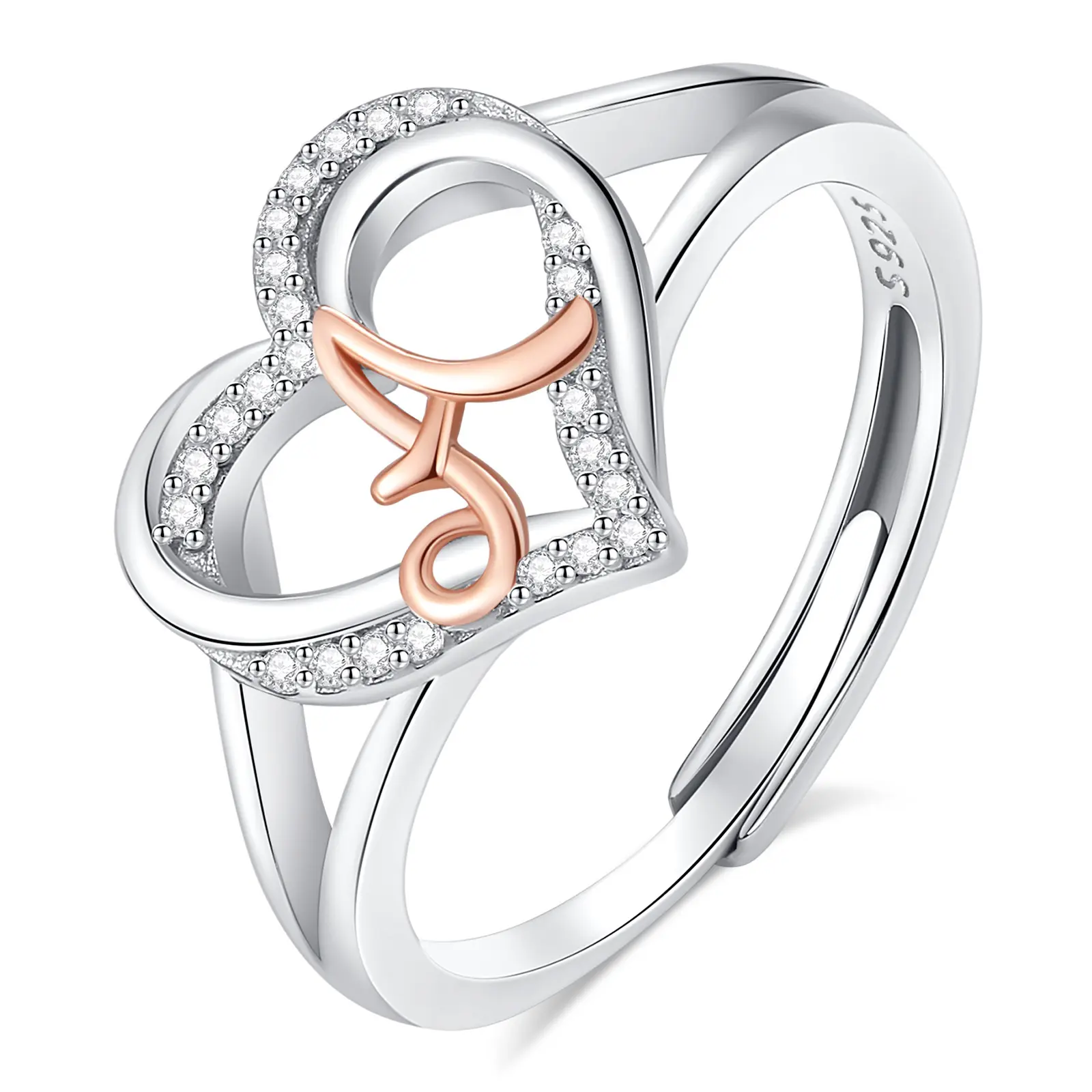 Eudora 925 Sterling Silver Heart Initial Ring Adjustable Two Tone Rose Gold 26 Alphabet Letter A-Z Cubic Zirconia Personalized Jewelry Gift for Women