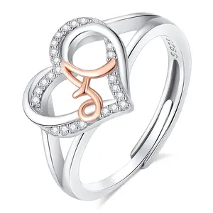 Eudora 925 Sterling Silver Heart Initial Ring Adjustable Two Tone Rose Gold 26 Alphabet Letter A-Z Cubic Zirconia Personalized Jewelry Gift for Women