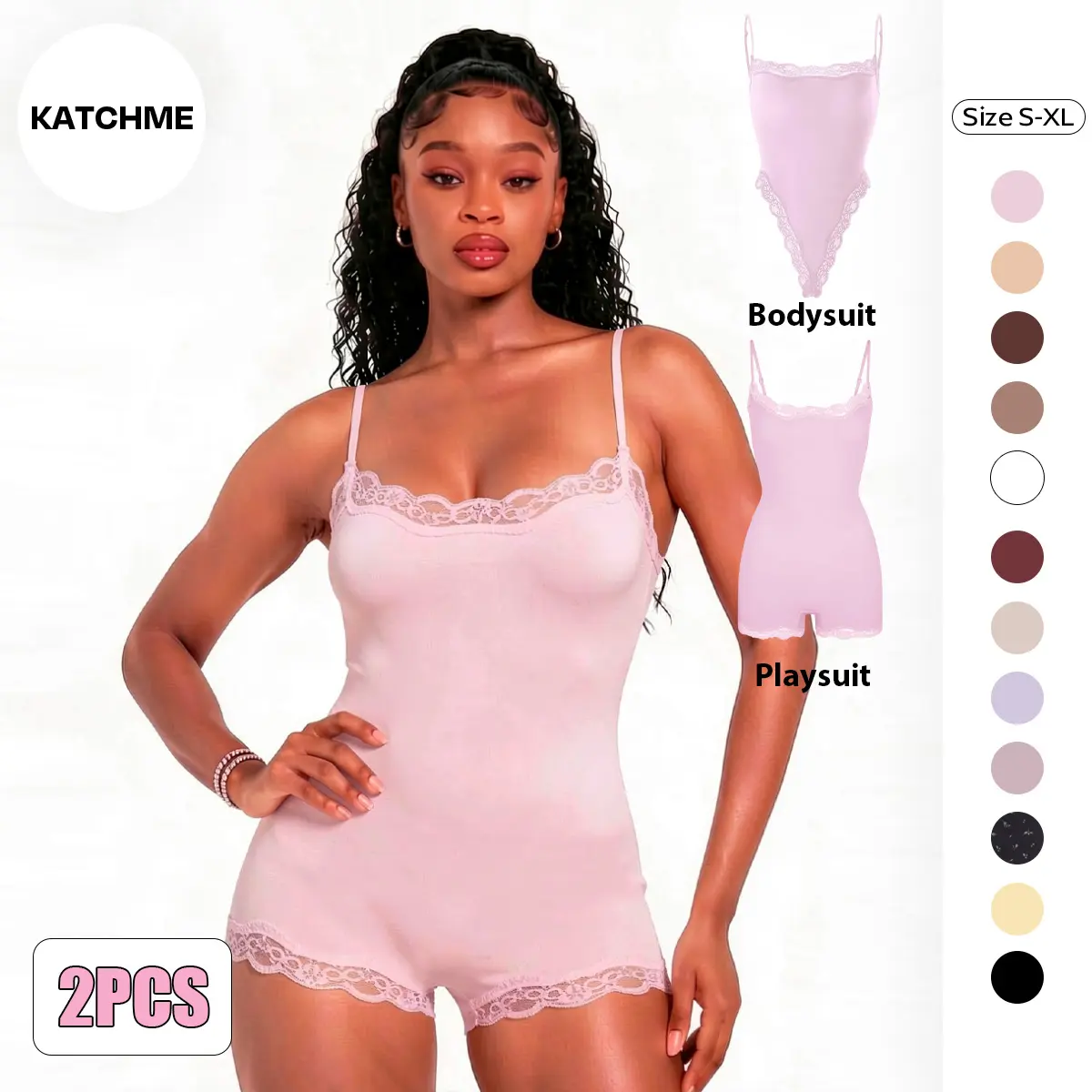 KatchMe Lace Series Women's Basic Spaghetti Strap Lace Trim Breathable Bodysuit, Adjustable Strap Seamless Chic Nightdress, Minimalist Lightweight Playsuit Womenswear