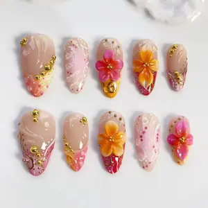 3D Orange blooming flower nails/press on nails long almond nails/Summer Nails/Pink flower nails/3D Gel Nails/Golden nails/Vacation Nails