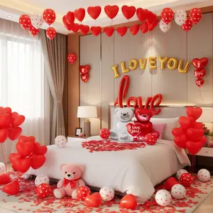 Valentine's Day Balloon Decorations Set with "I Love You" & Teddy Bear Foil Balloons, Red Heart Hanging and Print Balloons, Rose Petals for Happy Anniversary Romantic Wedding Party Decorations