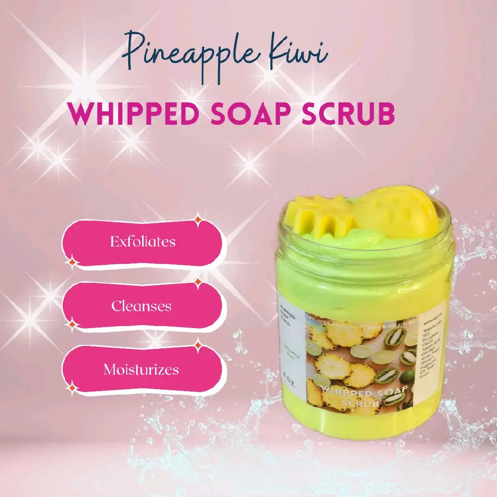 Pineapple Kiwi Natural Blend Whipped Foaming Sugar Scrub - 4 oz Luxury Foam Bright Smoothing Exfoliator, Shea Butter Moisturizer for All, Phthalate-Free Gentle Nourishing Hydrating Eczema Body Care, Handmade Batch 24 Months Shelf Life, Exfoliating, Daily