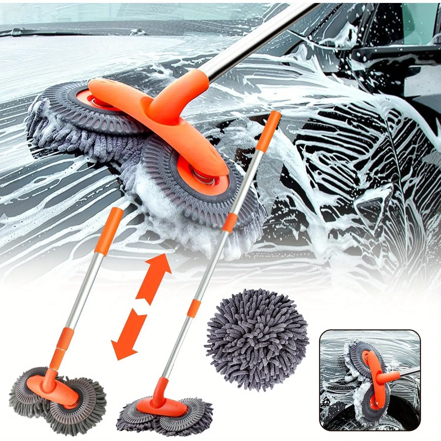Premium Chenille Microfiber Car Wash Brush Scratch Free Car Cleaning Mop with Adjustable Telescopic Handle 360 Degree No Dead Spot Cleaning for Auto Exterior Interior Detailing Maintenance