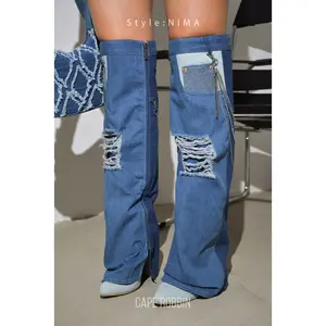 Nima Rhinestone Fringe Denim Knee High Boots - Denim Girl Walking Shoes