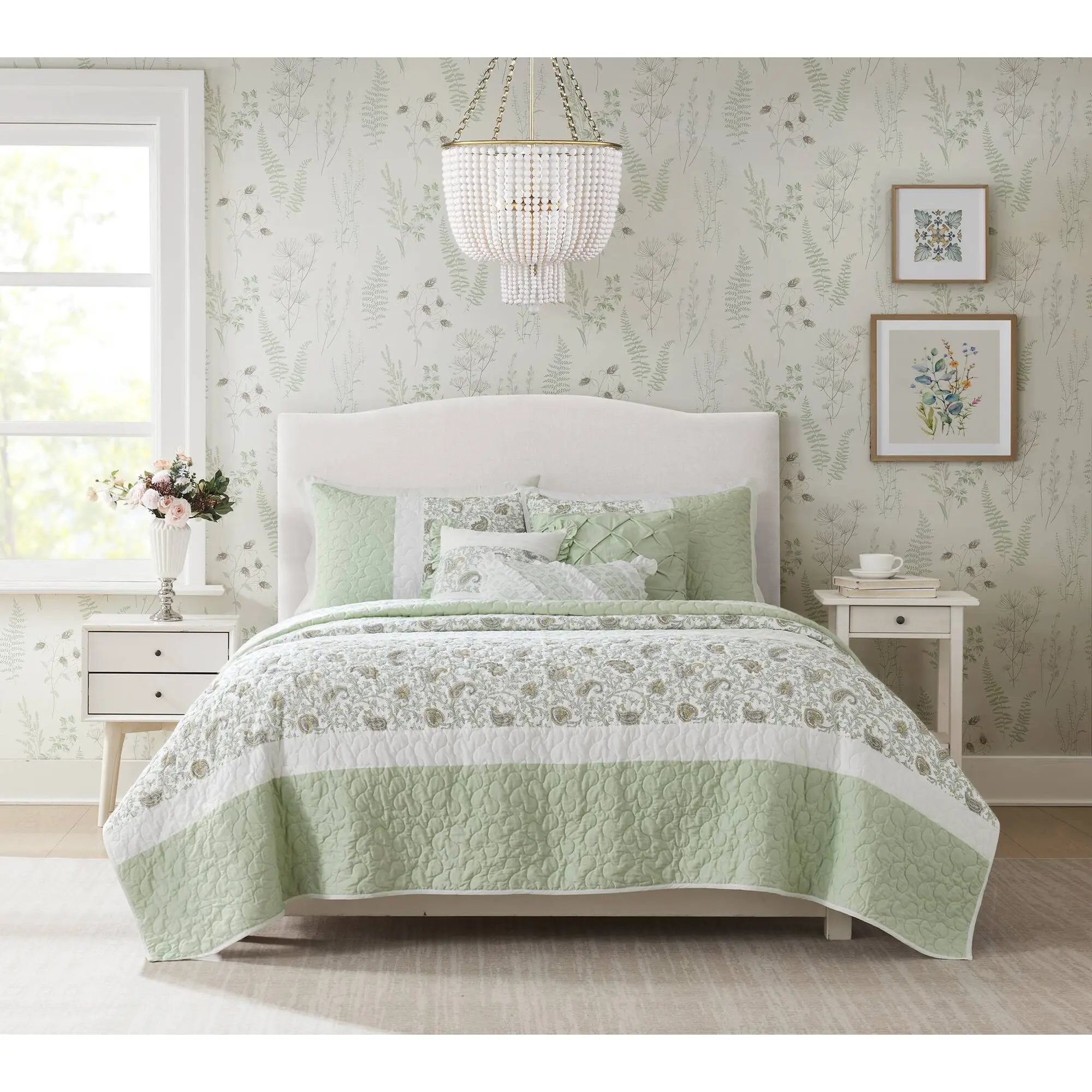 Cotton Percale 6-Piece Bedspread Set - Floral Print Shabby Chic Quilt Bedding, Includes Throw Pillows for Bedroom Use, Bedding Sets