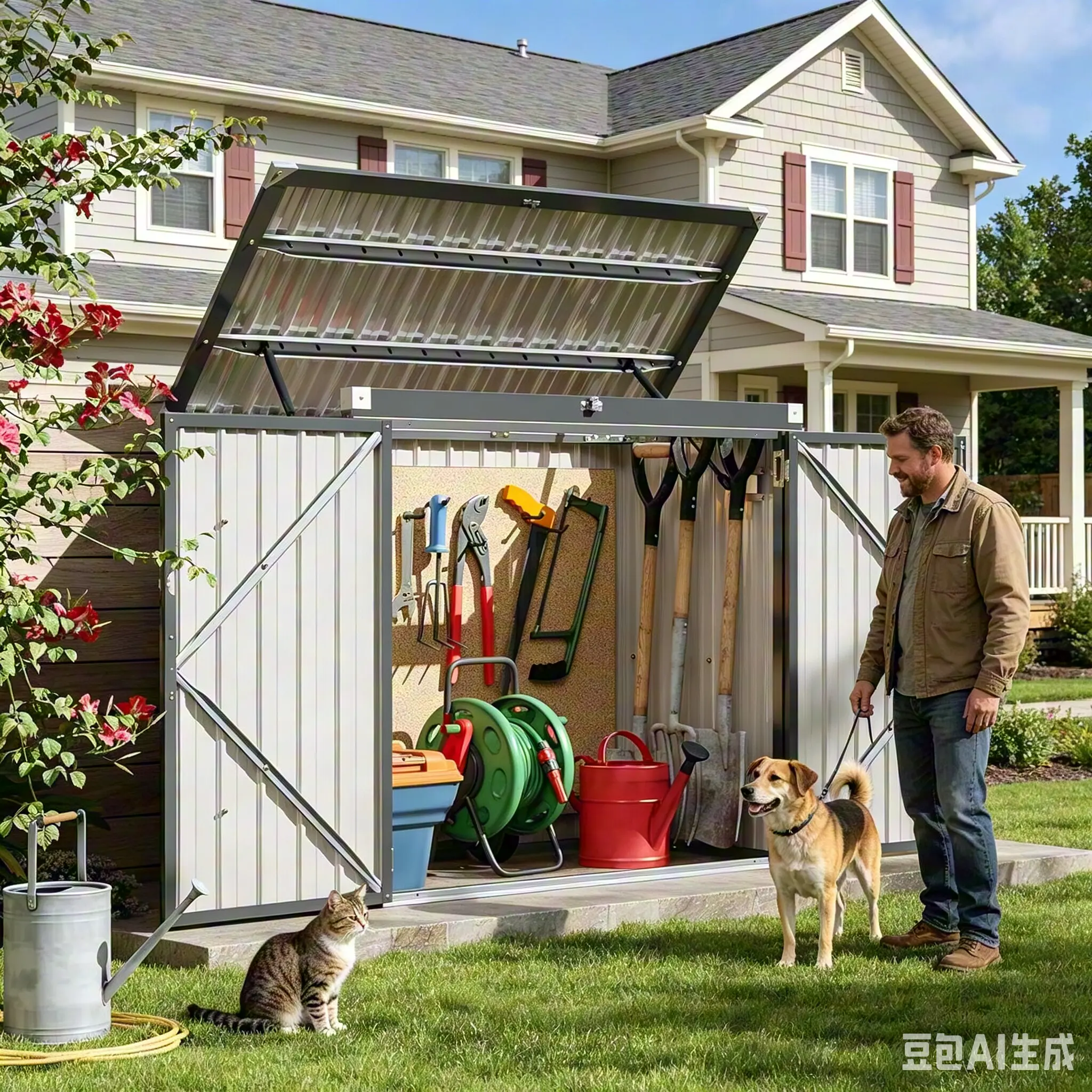 Aoxun Outdoor Heavy Duty Metal Storage Shed - Waterproof Trash Can Enclosure with Chain Lid, 2-Bin Organizer with Ample Space, Easy to Use, Instructions + Tools Included for Generator & Garden Tools