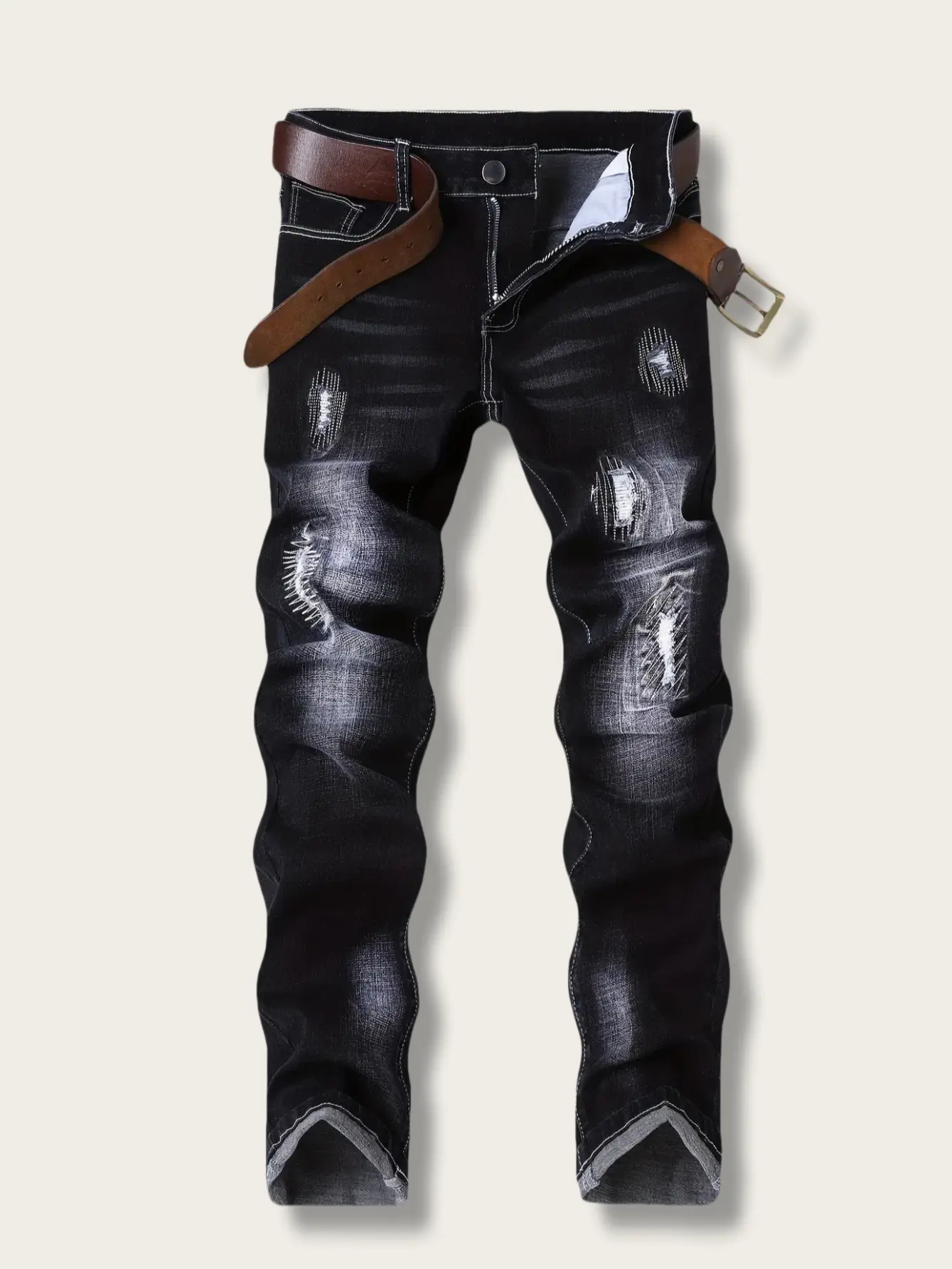 Men's Slim Fit Ripped Holes Jeans - Dark Blue Stretch Denim, Slight Flare Design, Flared Modern Cut, Stacked Style, Embroidery, All-Season Below Ankle Casual Apparel for Halloween, Christmas