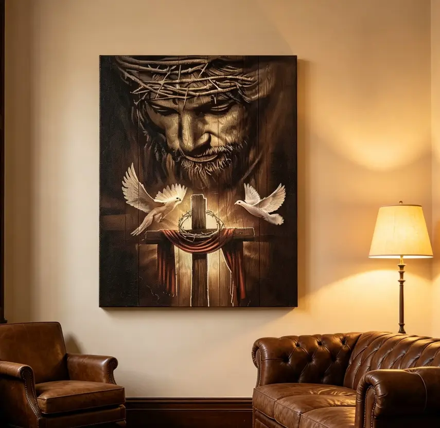 Jesus Cross Pattern Canvas Painting with Frame, Modern Art Religious Art Poster, Christ Cross Print, Wooden Wall Art Decor for Home Living Room Bedroom Office, Stylish Religious Decor, Cross Design, Ornaments, Religious Decoration