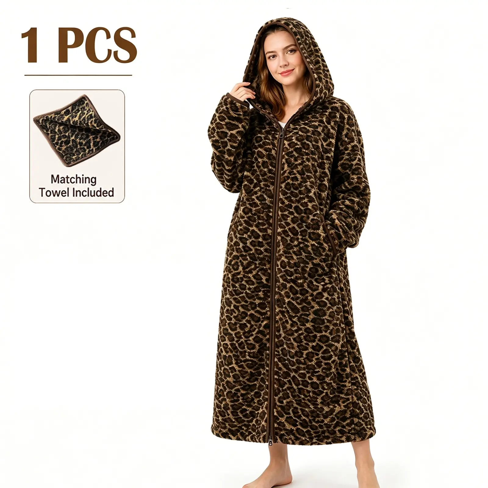 Leopard Print Women's Wearable Blanket, Ultra-Long Hooded Design Zipper Lamb Fleece, Soft Plush Bathrobe, Cozy Comfortable Reading, Includes Matching Towel