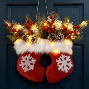 Twinkling Christmas Stocking Wreath For Front Door, Christmas Lighted Werath, Artificial Wreath, Xmas Tree Hanging Garland, Christmas Wreath