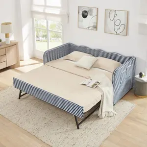 Bellemave Twin-Size Gingham Upholstered 3-in-1 Convertible Sofa Daybed with Pull-Out Trundle, Side Storage Pockets, Ideal for Small-Space Living & Multiple Room Layouts
