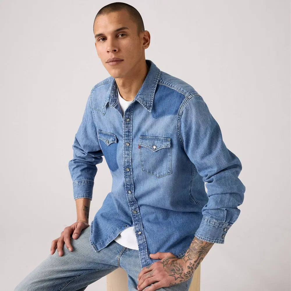 LEVI'S Men's Classic Western Denim Shirt, Standard Fit Long Sleeve Button-Down with Snap Placket, 100% Cotton, Garment, Menswear