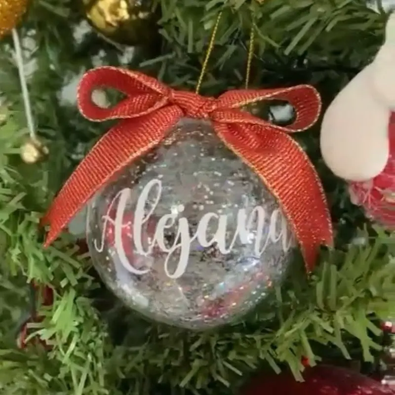 Set of 6 Shiny Christmas Baubles with Silver Filling, Personalized with a Name or Word for Tree Decoration or Gift (Includes Customizable Gift Box)