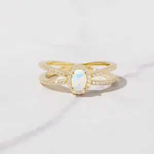 Sami Jewels Split Shank Opal Shaped Gemstone Ring for Women, 925 Sterling Silver Plated with 14k Gold, Sizes 4-12, Hypoallergenic and Nickel-free, Ideal for Everyday Wear, Gifts for your Mom