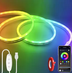 5V USB RGB LED Neon Strip Lights, Bluetooth APP & 3-key Button Control, Music Sync Flexible Silicone Rope Light, DIY Custom Shape Decor Light, 1m/2m/3m/5m Optional Length for Gaming Room, Bedroom, Bar, KTV, Party, Holiday and DIY Neon Sign Making