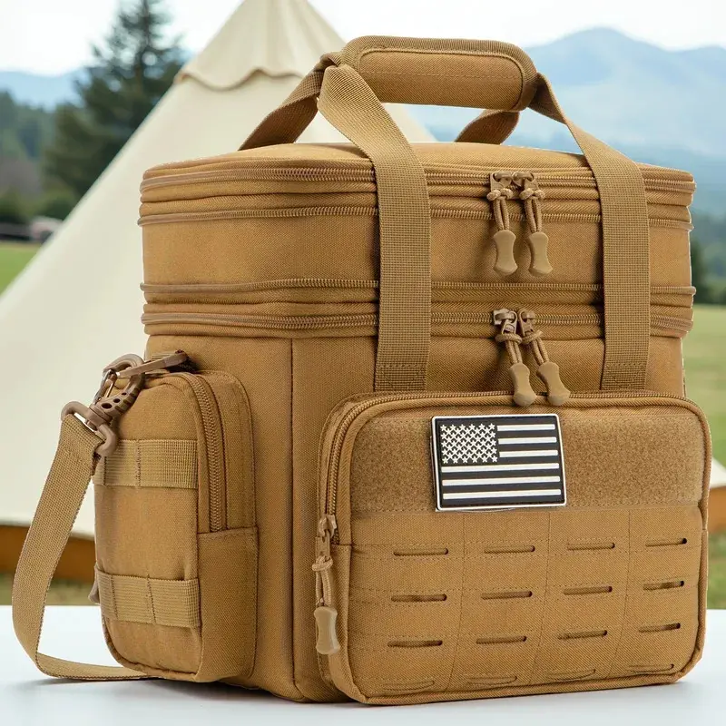 Tactical Unisex 18L Insulated Folding Cooler Bag - Leak-Proof Multifunctional Portable Coolers, Outdoor Gear Set with Double Convertible Wooden Table, Retractable Stool, Cushion, Steel Frame Chair, Armrests, Quad Cup Holder, Camp Stove for Camping, Picnic