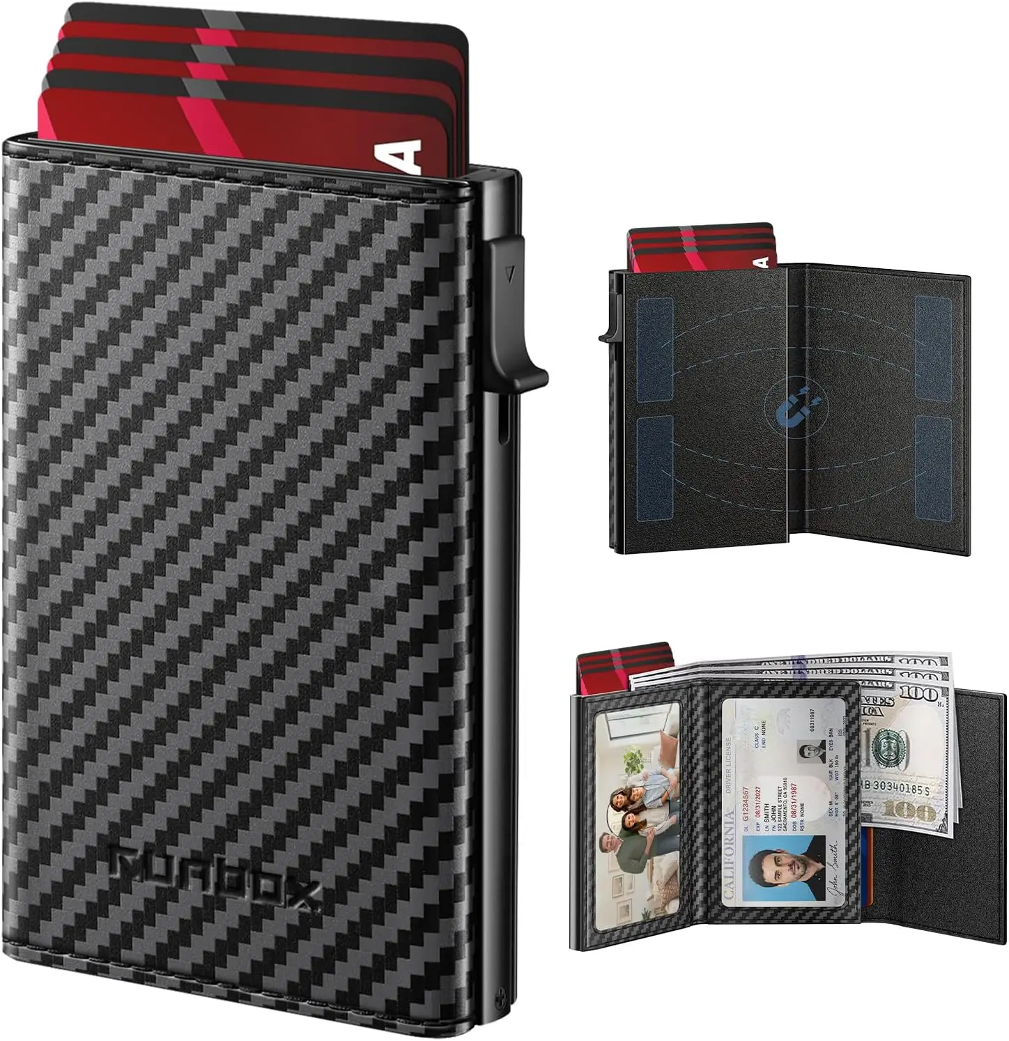 RUNBOX Men's Slim RFID Blocking Aluminum Wallet, Business Design with Pop-Up Card Slots, ID Window, Cash Slot & Zipper Coin Pocket, Credit Card Holder, RFID Theft Proof, Wallet Cards Storage