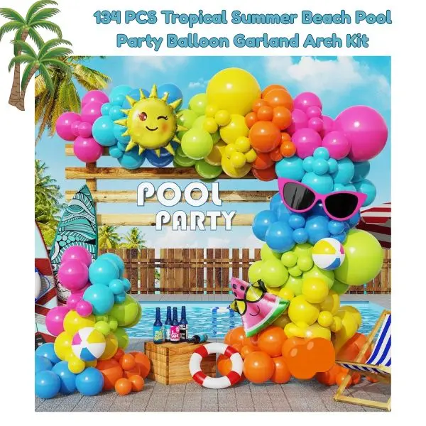 134Pcs Tropical Summer Pool Party Balloon Kit – Beach Ball Garland Arch Decorations for Luau, Poolside Birthday, Beach Bash & Hawaiian Backdrop