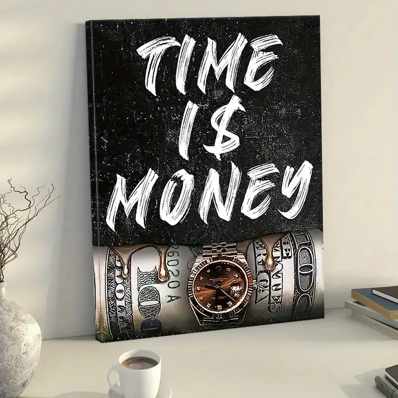 A Wooden Frame Canvas Wall Art with the Motto 'Time is Money', Modern Urban Style, Featuring Images of Luxury Watches and Dollar Bills, Inspirational Artwork, Decoration Items, Modern Home Decor, Suitable for Living Room Decoration