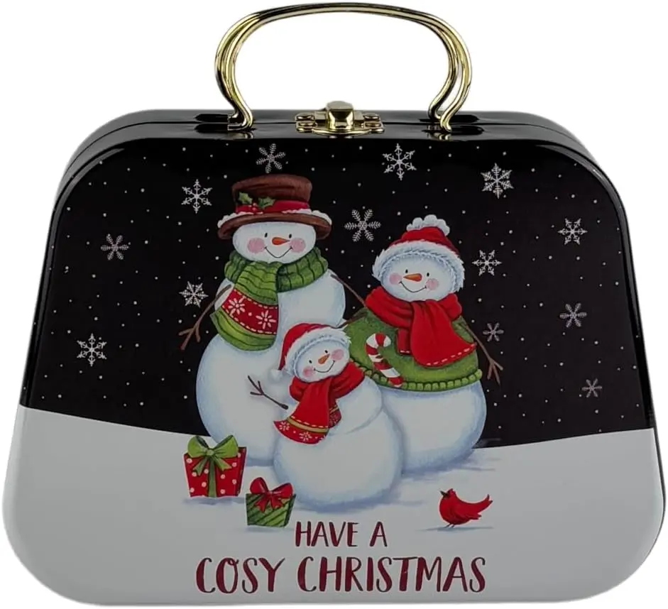 Night Blue Mini Christmas Snowman Tin Box with Hinged Lid, Embossed Santa Claus Print, Buckle, Colorful Decoration, Compartment Organiser for Holiday Candy & Gift Storage